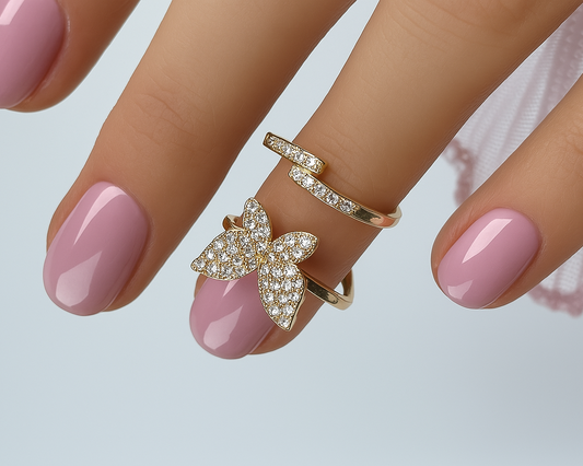 Butterfly Nail Ring With Crystals - Adjustable Gold or Silver Fingertip Jewelry