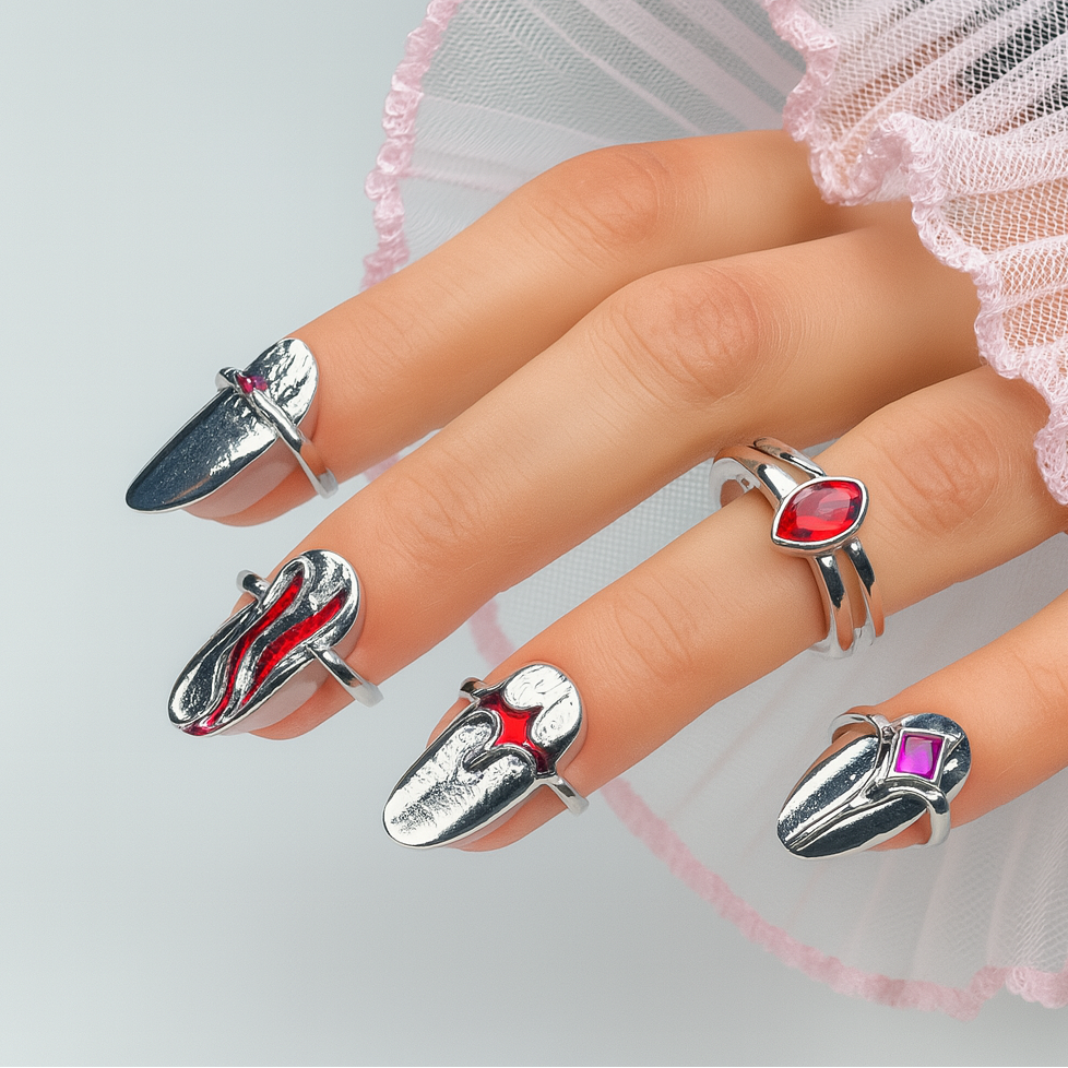Gothic Silver Nail Rings with Red Crystals - Alt Fashion Jewelry