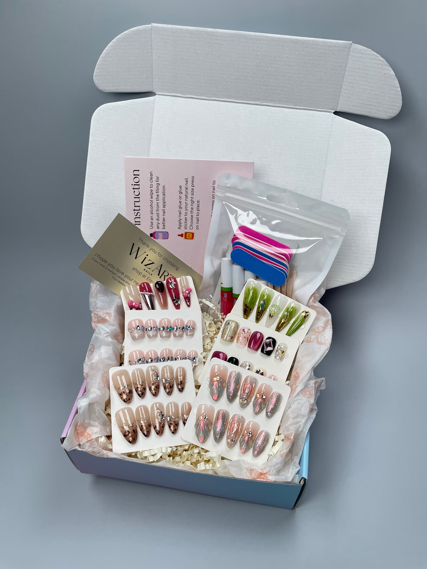 Assorted Press On Nails Box - 2 to 8 Handmade Nail Sets. Reusable