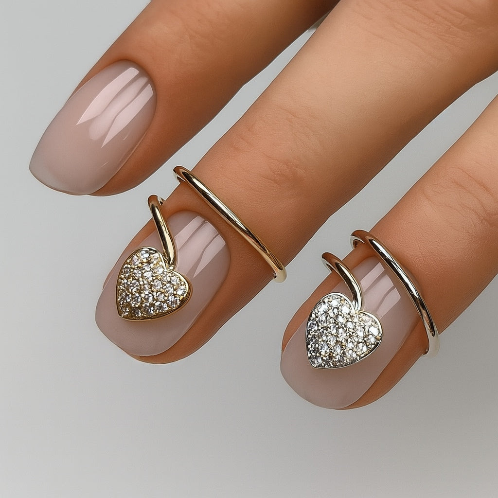 Crystal Heart Nail Ring - Adjustable Gold or Silver Fingertip Jewelry