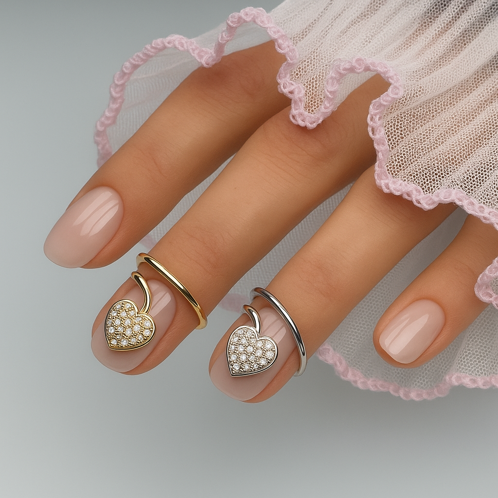 Crystal Heart Nail Ring - Adjustable Gold or Silver Fingertip Jewelry