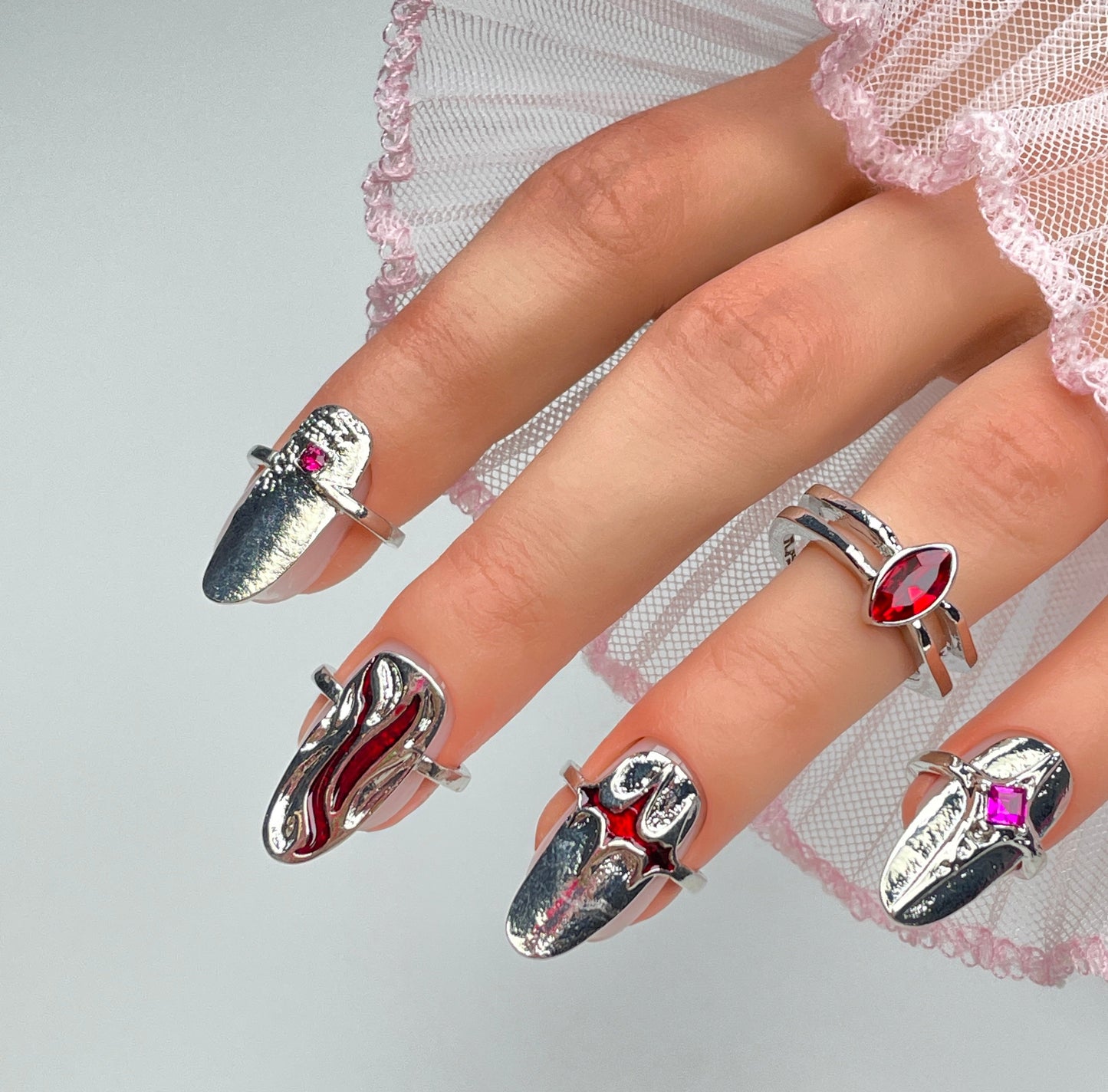 Gothic Silver Nail Rings with Red Crystals - Alt Fashion Jewelry