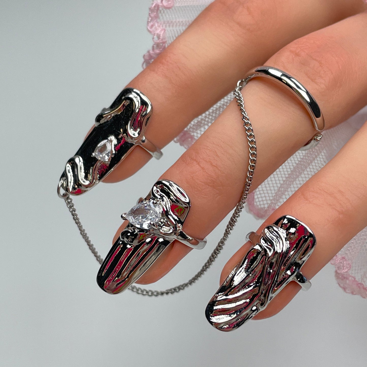 Gothic Nail Rings – Silver Fingertip Jewelry with Chains and Crystals, Adjustable Rings for Cosplay & Alternative Fashion