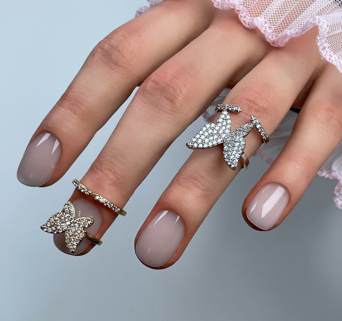 Butterfly Nail Ring With Crystals - Adjustable Gold or Silver Fingertip Jewelry