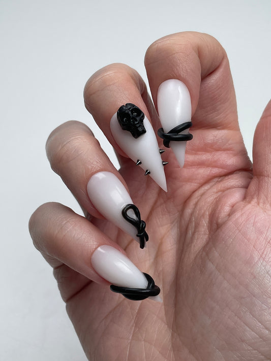 Gothic Claw Press On Nails – White with Black Skulls, Spikes & 3D Charms, Halloween Nail Set, Custom Sizes