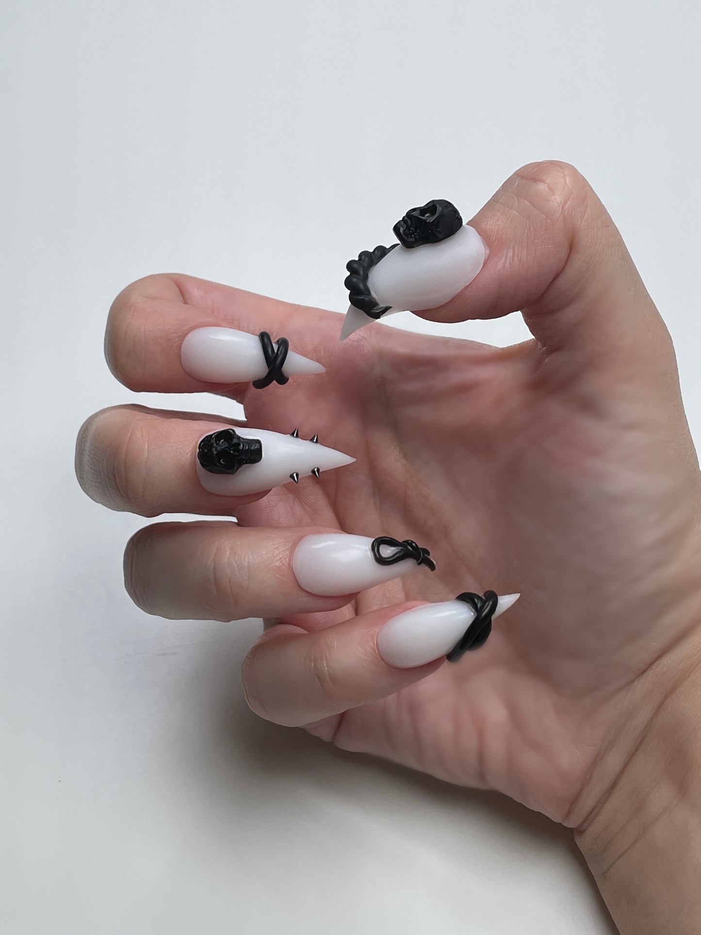 Gothic Claw Press On Nails – White with Black Skulls, Spikes & 3D Charms, Halloween Nail Set, Custom Sizes