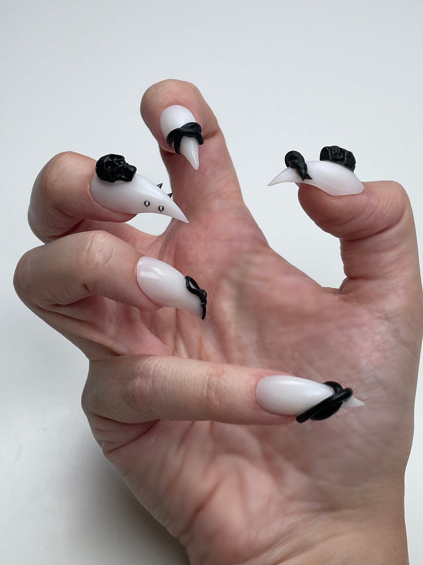 Gothic Claw Press On Nails – White with Black Skulls, Spikes & 3D Charms, Halloween Nail Set, Custom Sizes