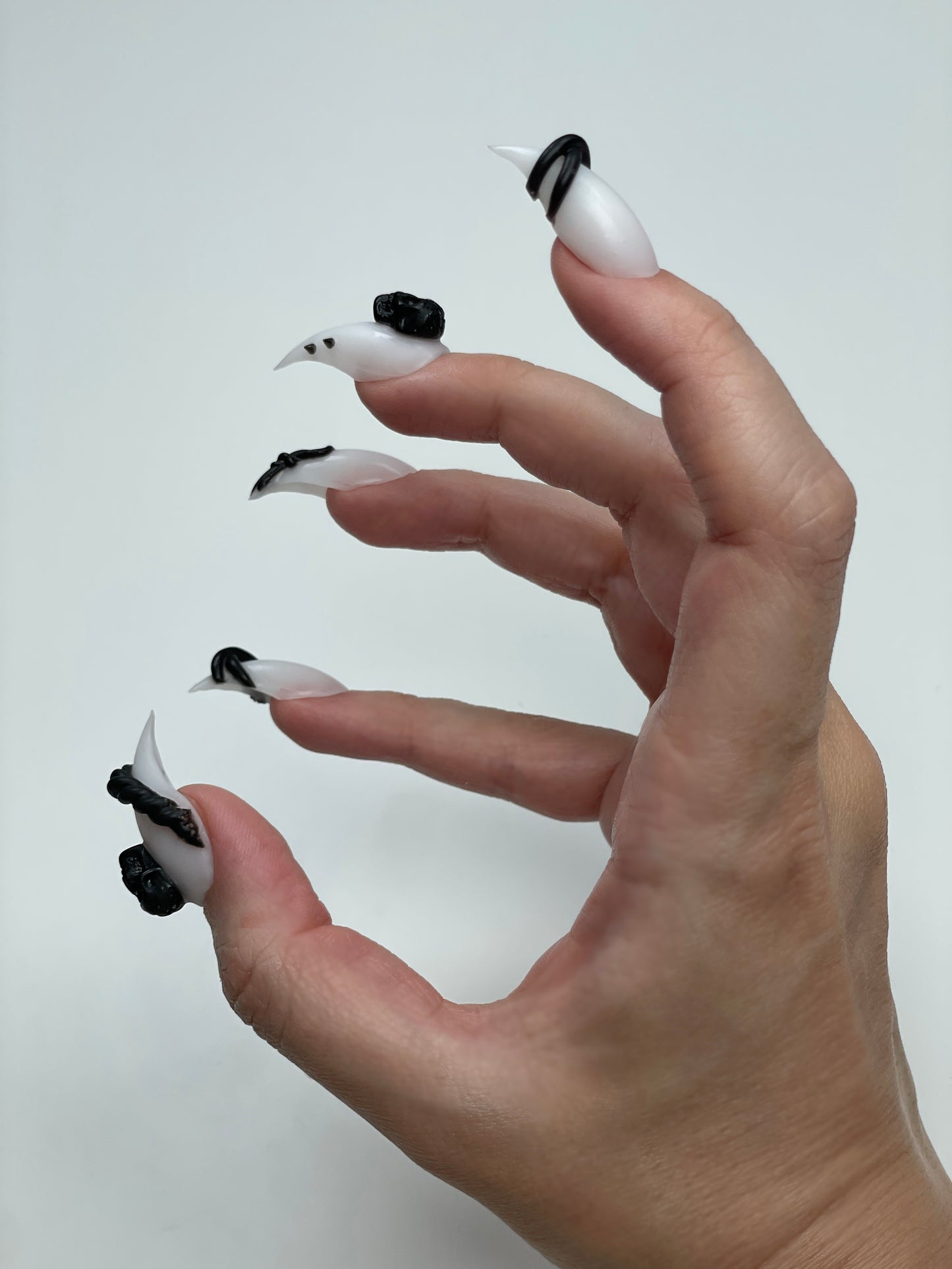 Gothic Claw Press On Nails – White with Black Skulls, Spikes & 3D Charms, Halloween Nail Set, Custom Sizes