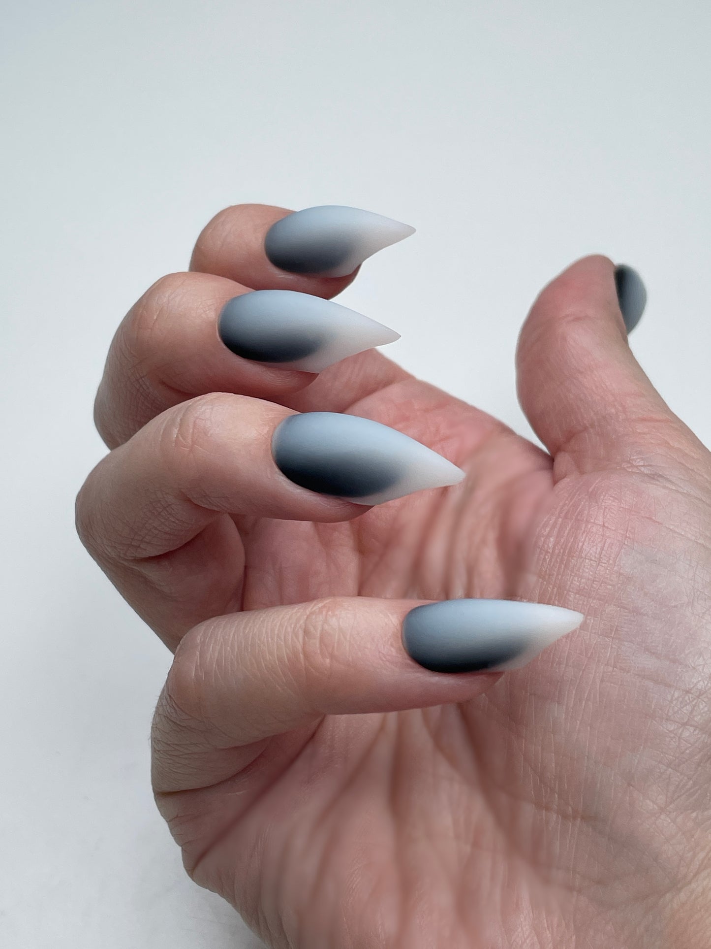 Claw Nails Black and White Ombre – Gothic Stiletto Press On Nails, Matte Fade Fake Nails for Halloween, Cosplay & Everyday Wear