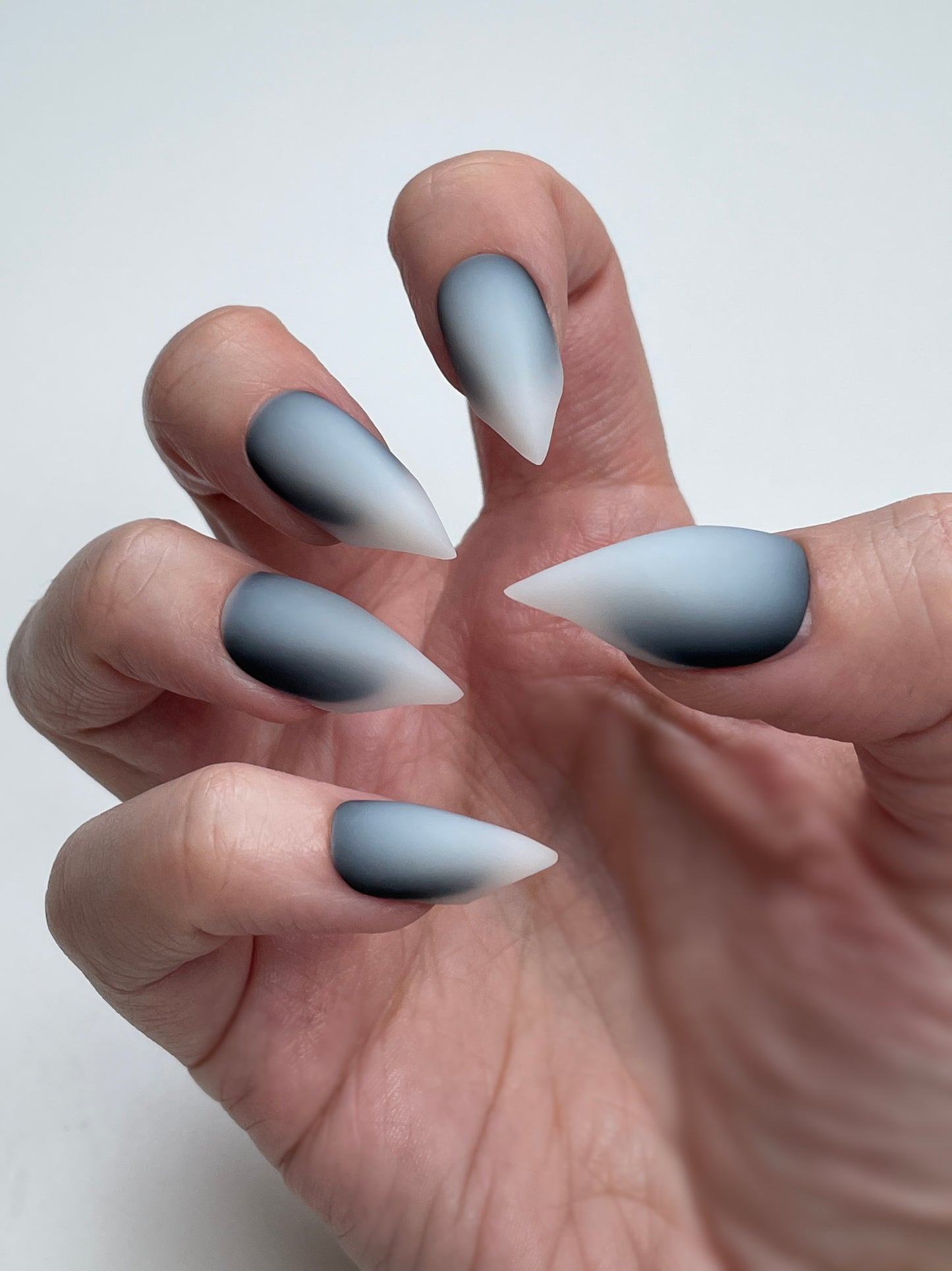 Claw Nails Black and White Ombre – Gothic Stiletto Press On Nails, Matte Fade Fake Nails for Halloween, Cosplay & Everyday Wear