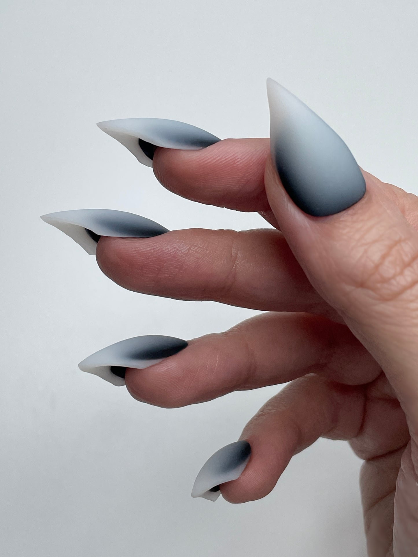 Claw Nails Black and White Ombre – Gothic Stiletto Press On Nails, Matte Fade Fake Nails for Halloween, Cosplay & Everyday Wear