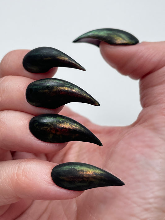Black Iridescent Claw Nails – Gothic Witch Press On Talon Nails for Halloween & Cosplay