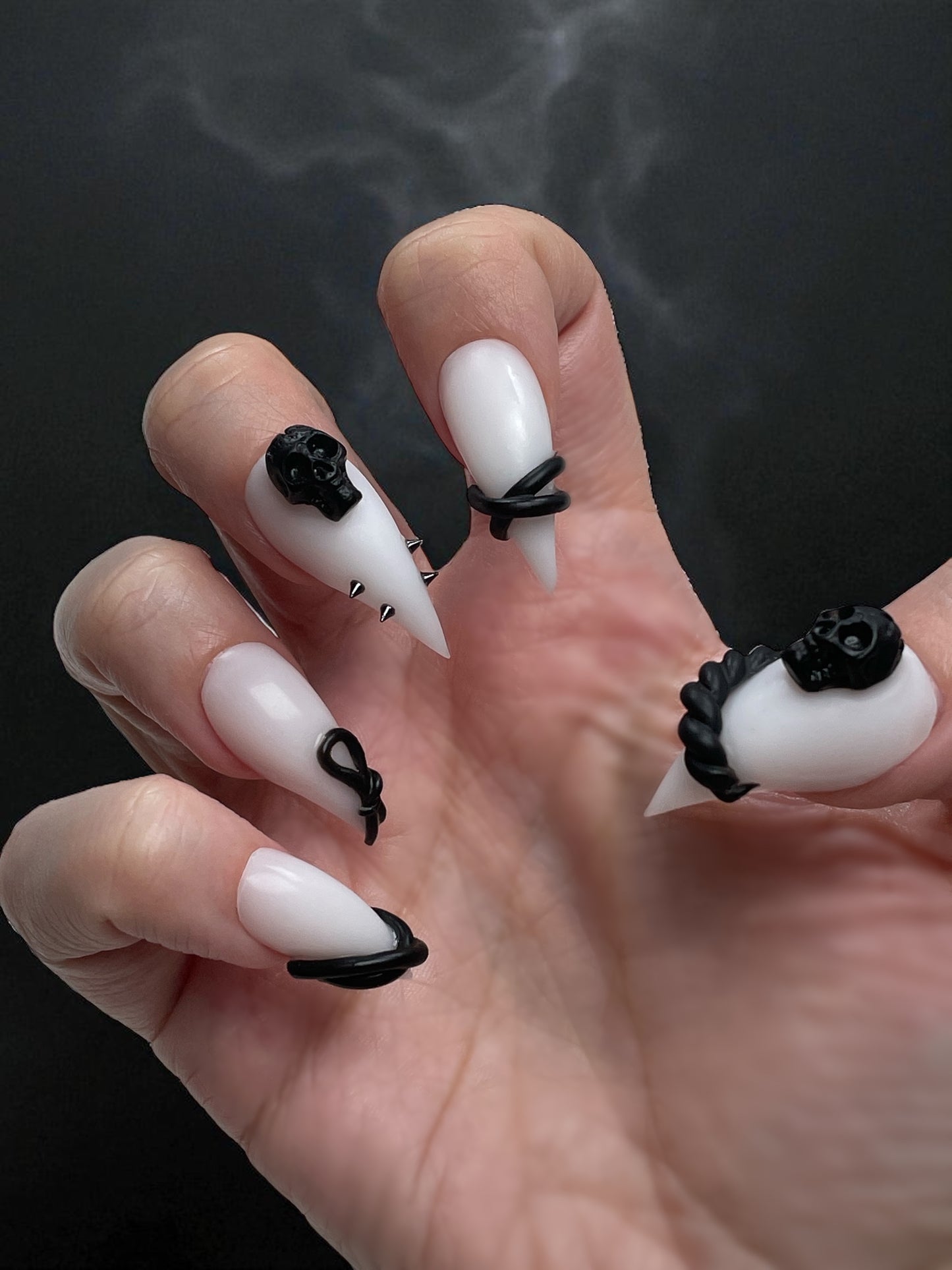 Gothic Claw Press On Nails – White with Black Skulls, Spikes & 3D Charms, Halloween Nail Set, Custom Sizes